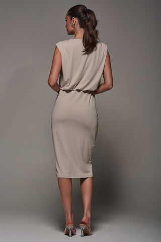 Draped Wrap Bodycon MIdi Dress, Taupe