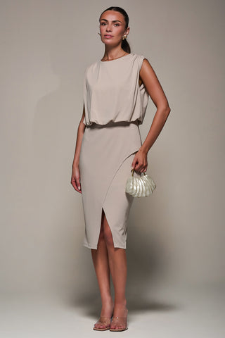 Draped Wrap Bodycon MIdi Dress, Taupe