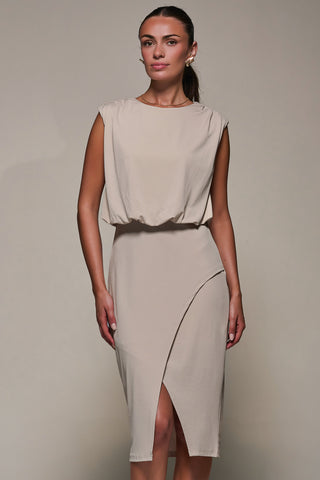 Draped Wrap Bodycon MIdi Dress, Taupe