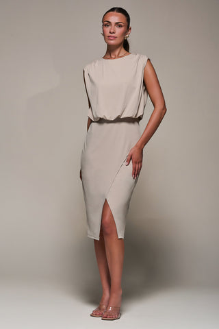 Draped Wrap Bodycon MIdi Dress, Taupe