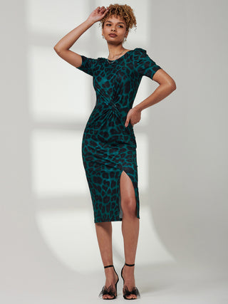 Ray Ruched Waist Bodycon Midi Dress, Green Animal Jolie Moi Retail Ray Ruched Waist Bodycon Midi Dress, Green Animal Jolie Moi Retail