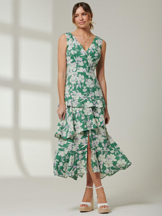 Della Crepe Frill Hem Maxi Dress, Green Floral