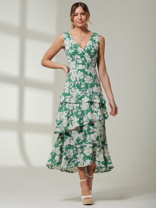 Della Crepe Frill Hem Maxi Dress, Green Floral