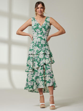 Della Crepe Frill Hem Maxi Dress, Green Floral