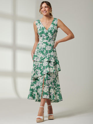 Della Crepe Frill Hem Maxi Dress, Green Floral