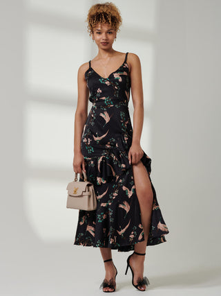 Retro Bird Print Satin Maxi Dress, Black Bird