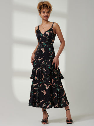 Retro Bird Print Satin Maxi Dress, Black Bird