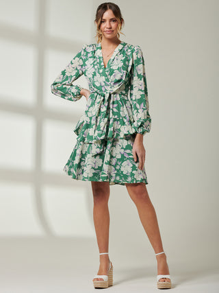 Casey Long Sleeve Tie Front Dress, Green Floral Jolie Moi Retail Casey Long Sleeve Tie Front Dress, Green Floral Jolie Moi Retail