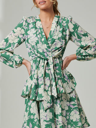 Casey Long Sleeve Tie Front Dress, Green Floral