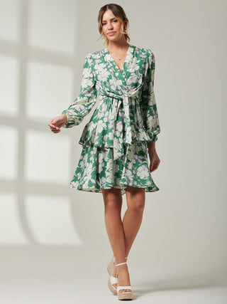 Casey Long Sleeve Tie Front Dress, Green Floral