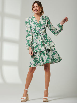 Casey Long Sleeve Tie Front Dress, Green Floral