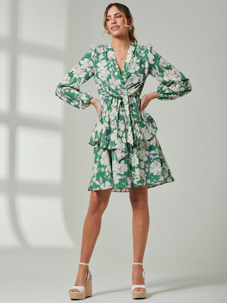 Casey Long Sleeve Tie Front Dress, Green Floral