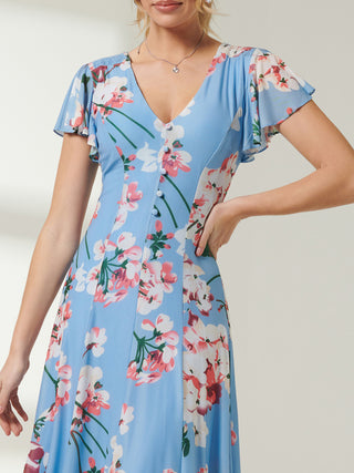 Rella Cap Sleeve Mesh Midi Dress, Blue Floral
