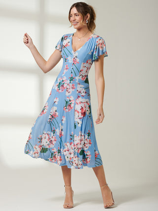 Rella Cap Sleeve Mesh Midi Dress, Blue Floral