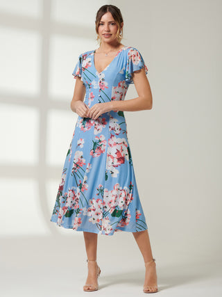 Rella Cap Sleeve Mesh Midi Dress, Blue Floral