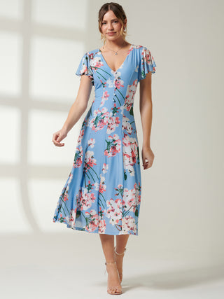Rella Cap Sleeve Mesh Midi Dress, Blue Floral
