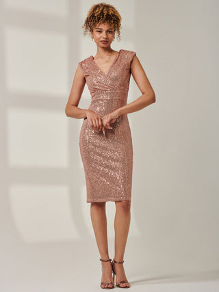 Sequin Sleeveless Hourglass Dress, Rose Gold