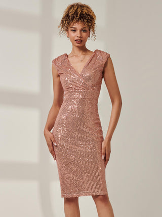 Sequin Wrap Detail Hourglass Dress, Rose Gold