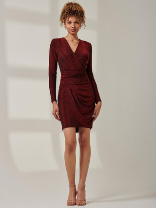 Metallic Draped Knee Length Dress, Burgundy Jolie Moi Retail Metallic Draped Knee Length Dress, Burgundy Jolie Moi Retail