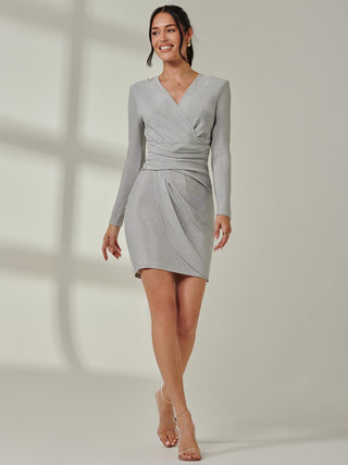 Metallic Draped Knee Length Dress, Silver – Jolie Moi Retail Metallic Draped Knee Length Dress, Silver – Jolie Moi Retail