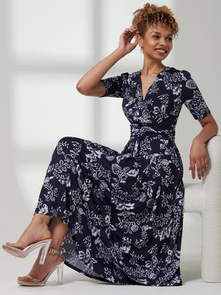 Pleated Jersey Maxi Dress, Navy White Floral