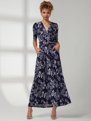 Pleated Jersey Maxi Dress, Navy White Floral