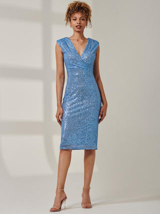 Sequin Wrap Detail Hourglass Dress, Blue