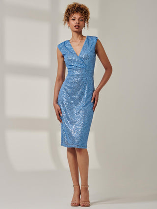 Sequin Wrap Detail Hourglass Dress, Blue