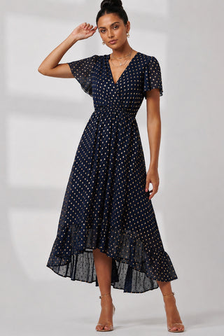 Metallic Angel Sleeve Maxi Dress, Navy Gold