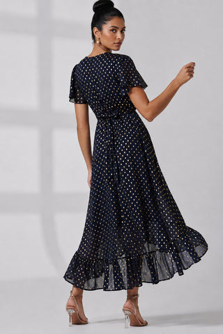 Metallic Angel Sleeve Maxi Dress, Navy Gold
