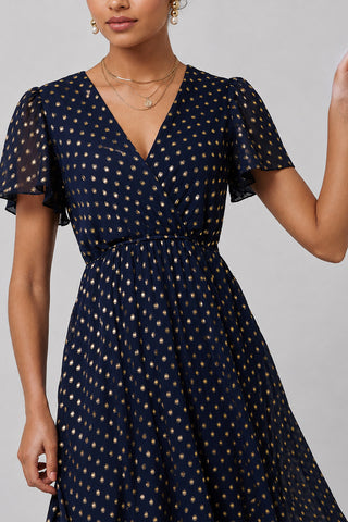 Metallic Angel Sleeve Maxi Dress, Navy Gold