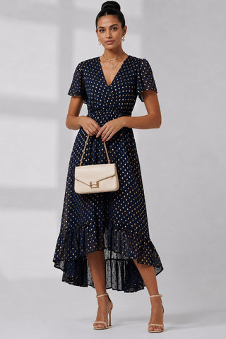 Metallic Angel Sleeve Maxi Dress, Navy Gold