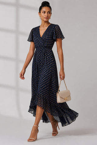 Metallic Angel Sleeve Maxi Dress, Navy Gold