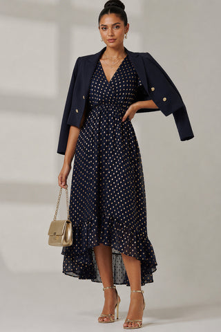 Metallic Angel Sleeve Maxi Dress, Navy Gold