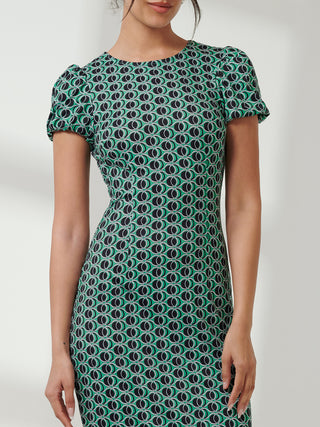 Short Sleeve Jersey Bodycon Midi Dress, Green Geo