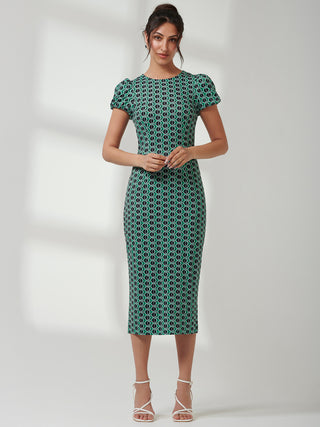 Short Sleeve Jersey Bodycon Midi Dress, Green Geo