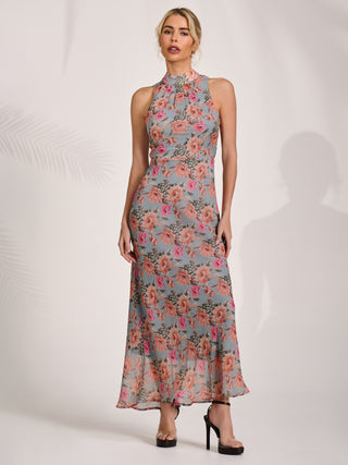 Printed Halterneck Midaxi Dress, Blue Floral