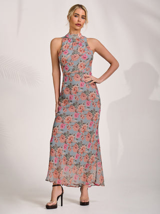 Printed Halterneck Midaxi Dress, Blue Floral