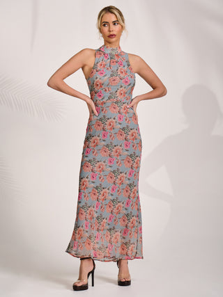 Printed Halterneck Midaxi Dress, Blue Floral