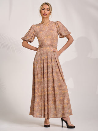 Puff Sleeve Printed Mesh Maxi Dress, Aniimal Multi