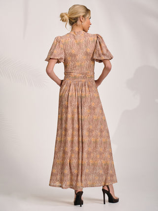 Puff Sleeve Printed Mesh Maxi Dress, Aniimal Multi