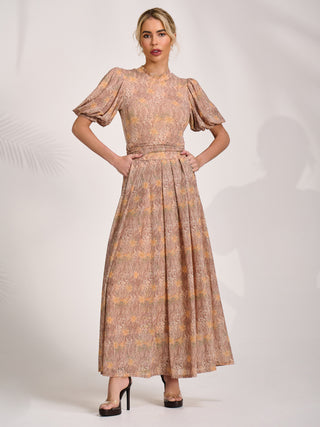 Puff Sleeve Printed Mesh Maxi Dress, Aniimal Multi