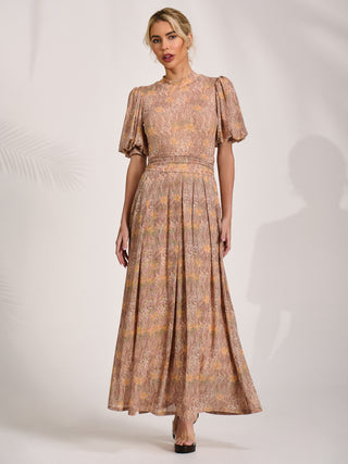 Puff Sleeve Printed Mesh Maxi Dress, Aniimal Multi