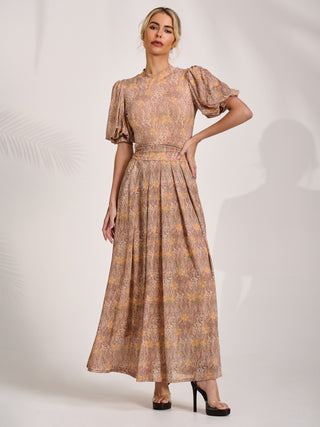 Puff Sleeve Printed Mesh Maxi Dress, Aniimal Multi