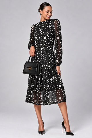 Crew Neck Long Sleeve Midi Dress, Black Polka