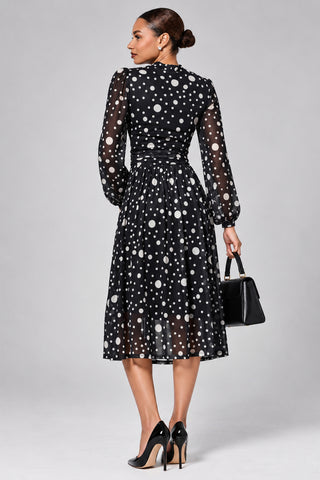 Crew Neck Long Sleeve Midi Dress, Black Polka
