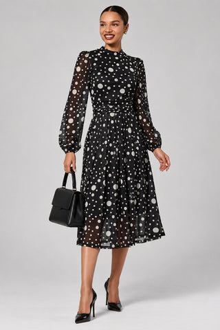 Crew Neck Long Sleeve Midi Dress, Black Polka