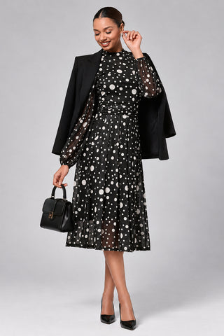 Crew Neck Long Sleeve Midi Dress, Black Polka