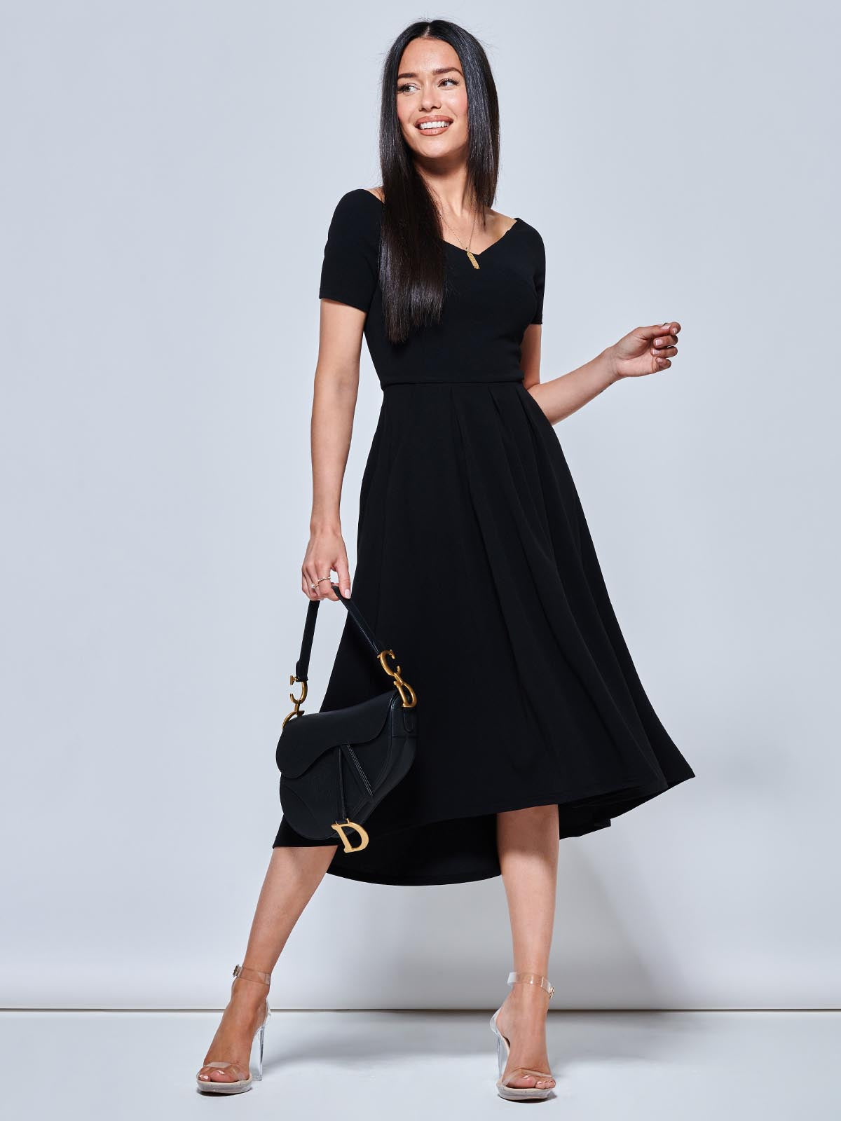 Off the shoulder outlet dip hem skater dress