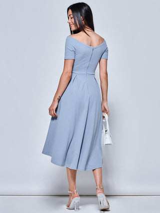 blue dip hem dress Off The Shoulder Dip Hem Dress, Steel Blue Jolie Moi Wholesale